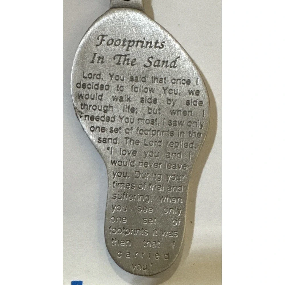 VTG NOS Pewter Religious Christian Keychain Footprints In The Sand